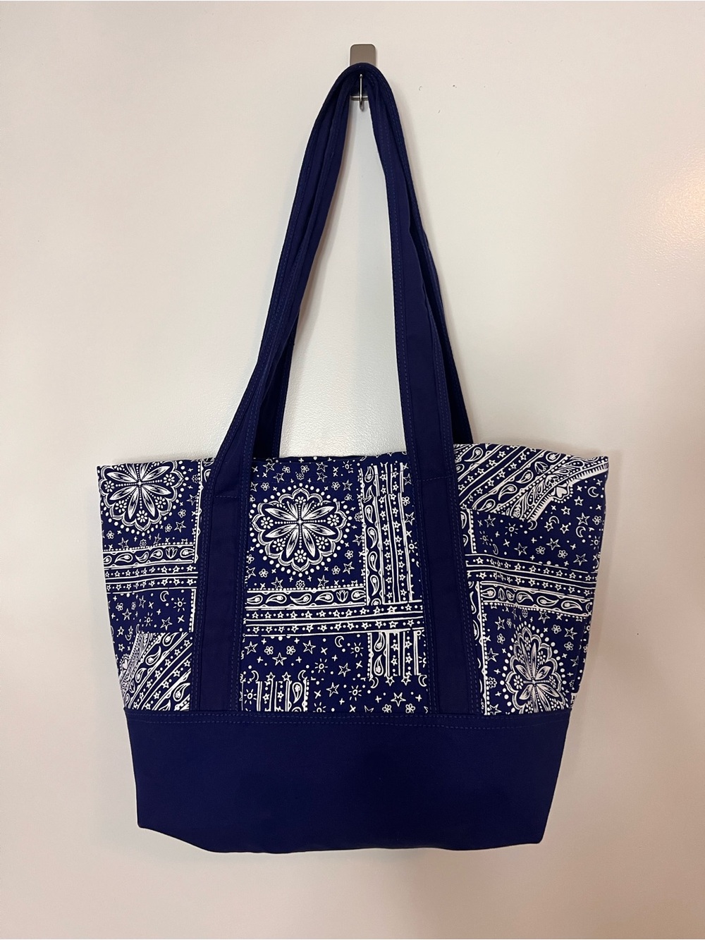 Navy Bandana-Print Canvas Tote Bag with Solid Base